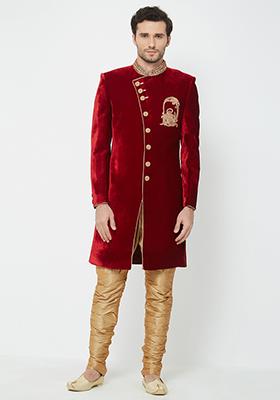 Maroon Embroidered Silk Sherwani For Men