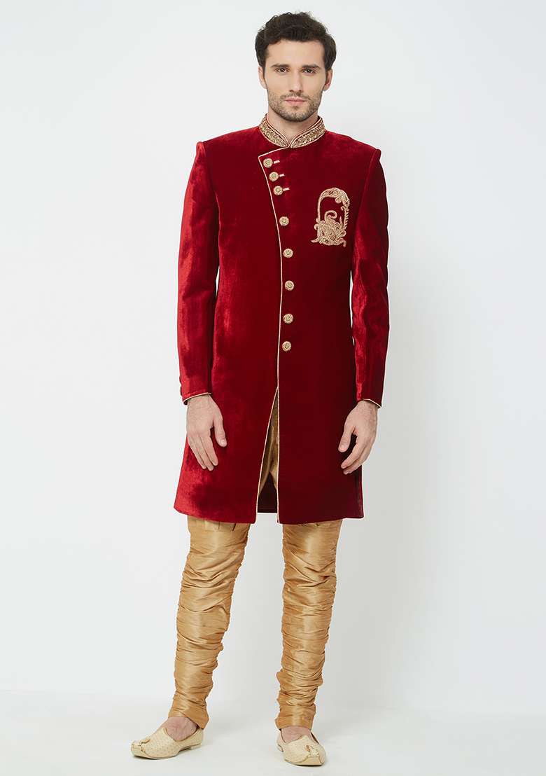 Maroon Embroidered Silk Sherwani For Men - Indya