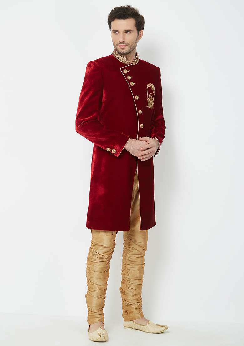 Maroon Embroidered Silk Sherwani For Men - Indya