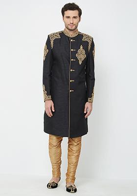 Black Embroidered Silk Sherwani For Men