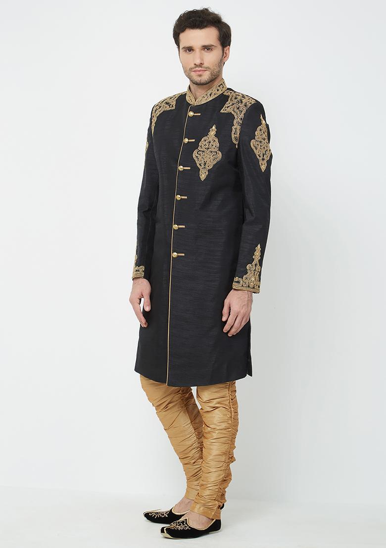 Black Embroidered Silk Sherwani For Men