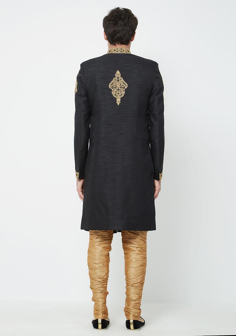 Black Embroidered Silk Sherwani For Men