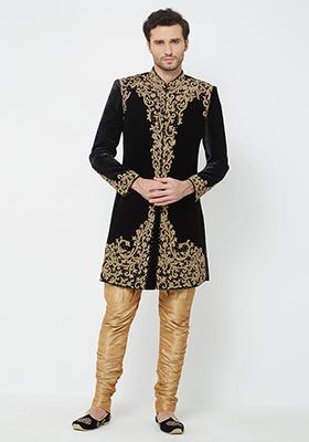 Black Embroidered Velvet Sherwani For Men
