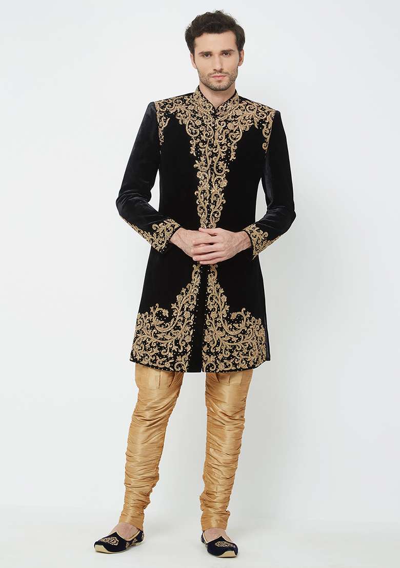 Black Embroidered Velvet Sherwani For Men - Indya