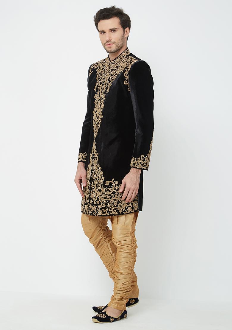 Black Embroidered Velvet Sherwani For Men