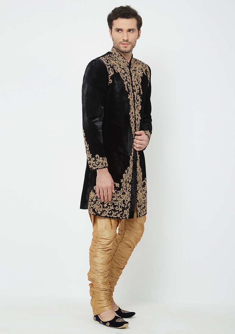 Black Embroidered Velvet Sherwani For Men - Indya