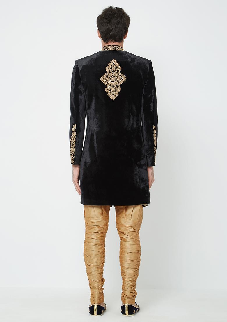 Black Embroidered Velvet Sherwani For Men