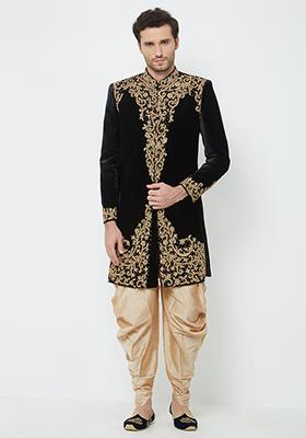 Black Embroidered Velvet Sherwani For Men