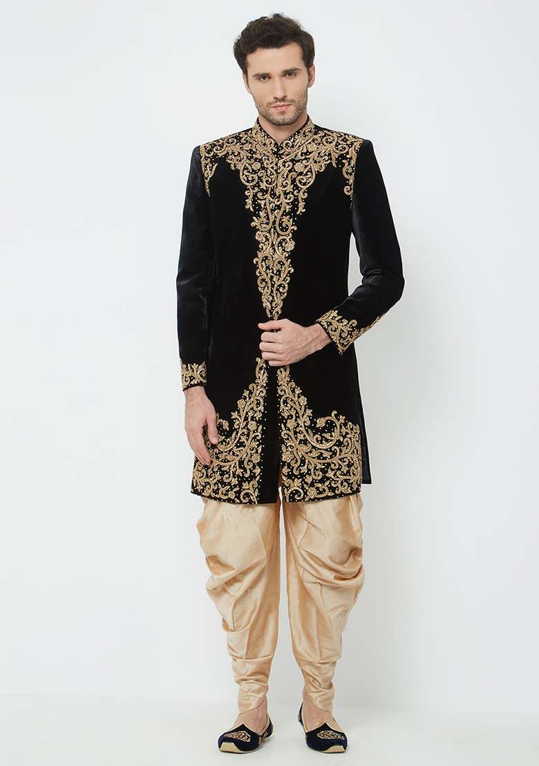 Black Embroidered Velvet Sherwani For Men - Indya
