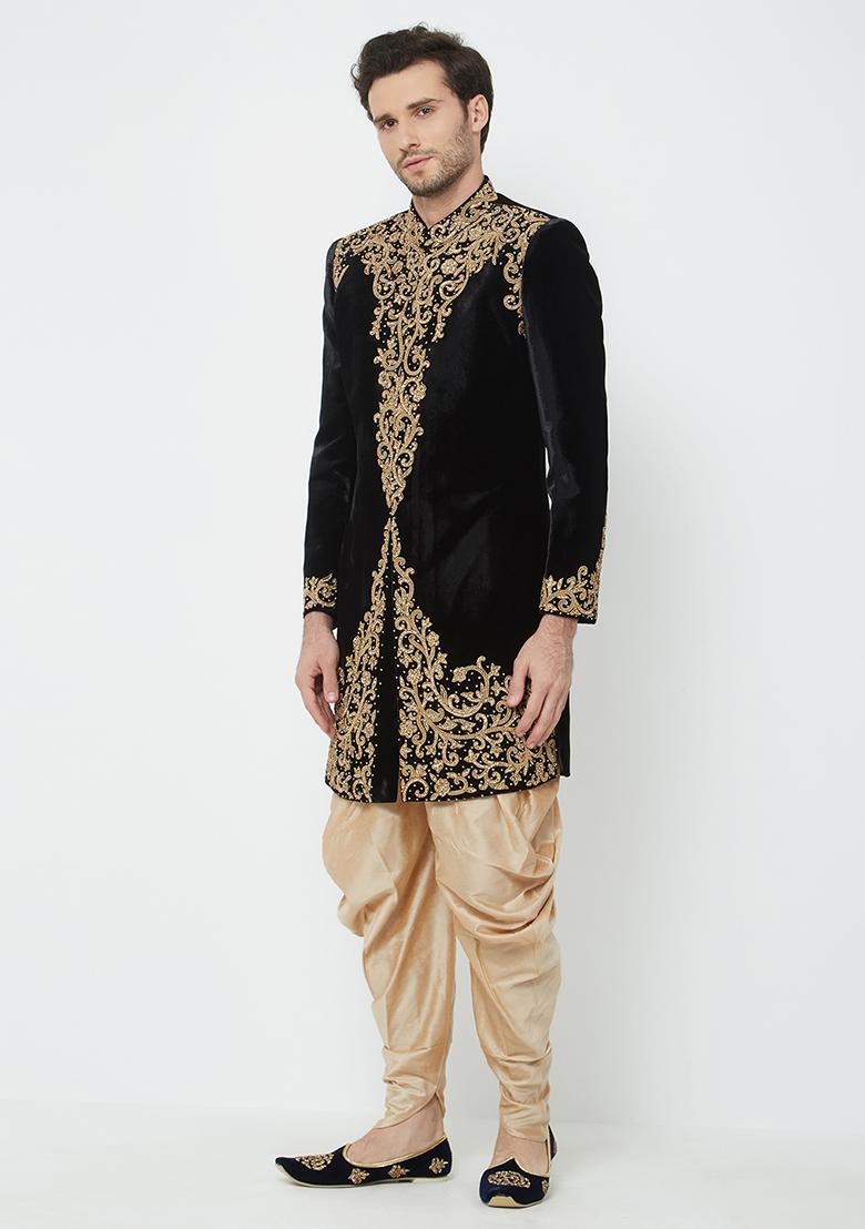 Black Embroidered Velvet Sherwani For Men