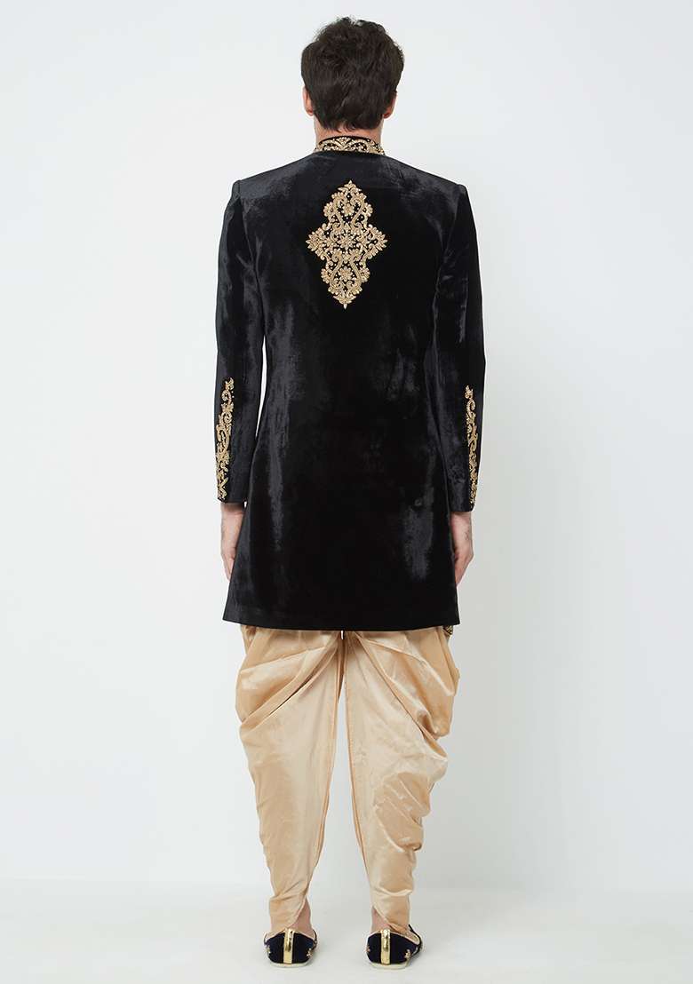 Black Embroidered Velvet Sherwani For Men - Indya