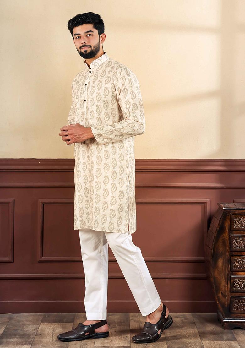 Cream Printed Linen Kurta Set For Men