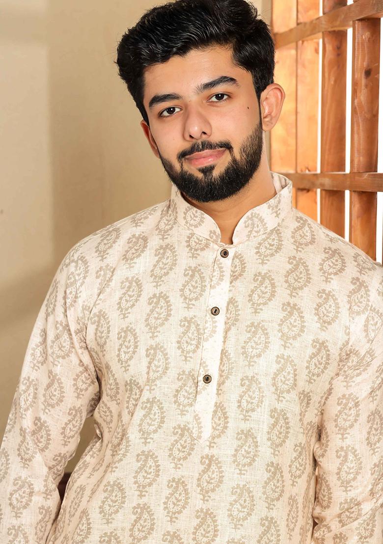 Cream Printed Linen Kurta Set For Men
