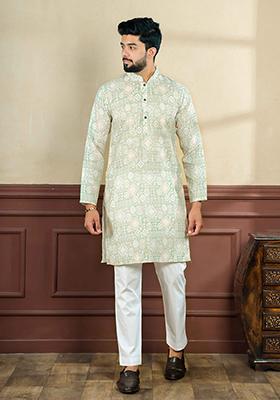 Green Printed Linen Kurta Set For Men
