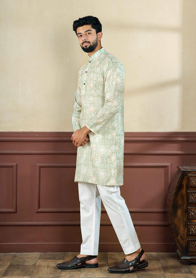 Green Printed Linen Kurta Set For Men