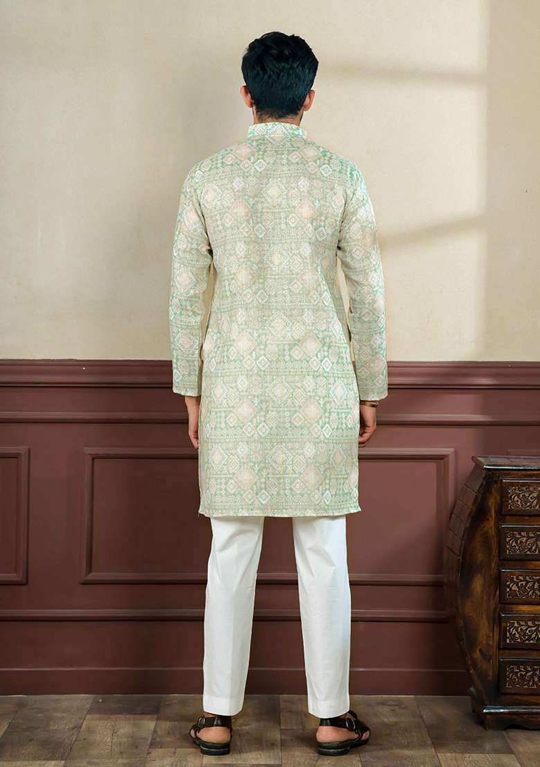 Green Printed Linen Kurta Set For Men - Indya