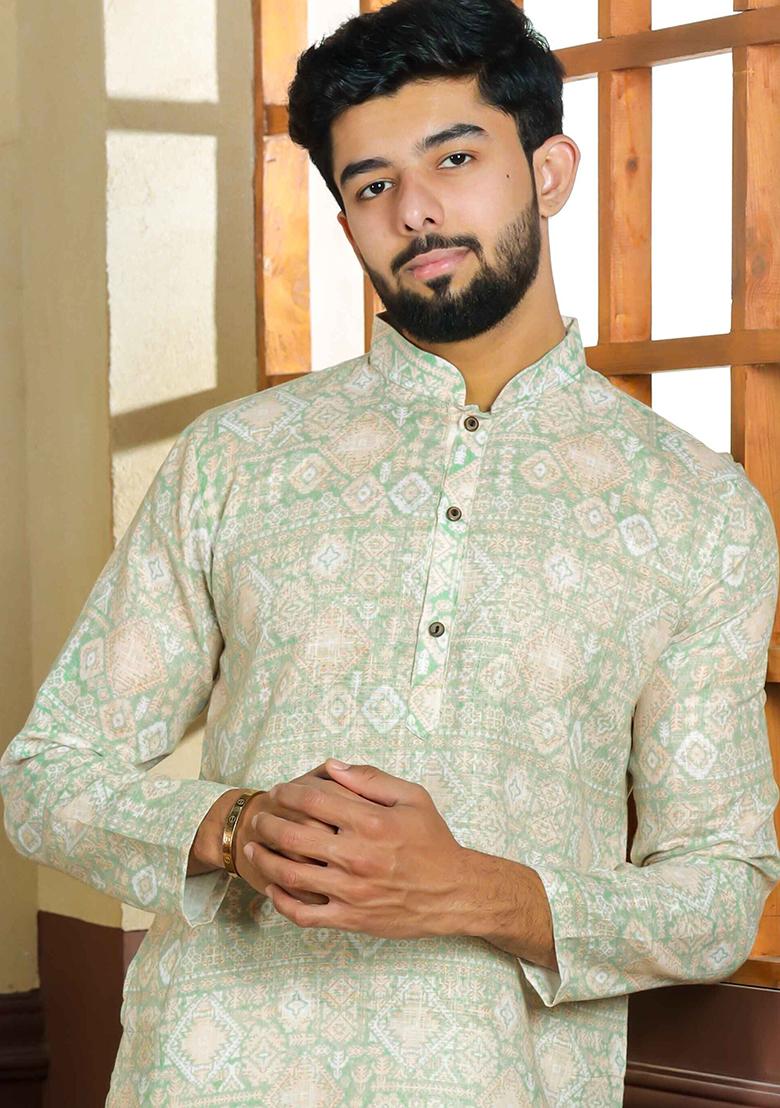 Green Printed Linen Kurta Set For Men