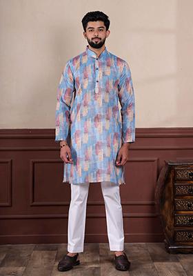 Blue Printed Linen Kurta Set For Men