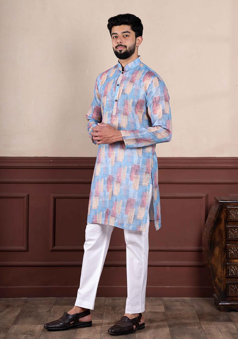Blue Printed Linen Kurta Set For Men