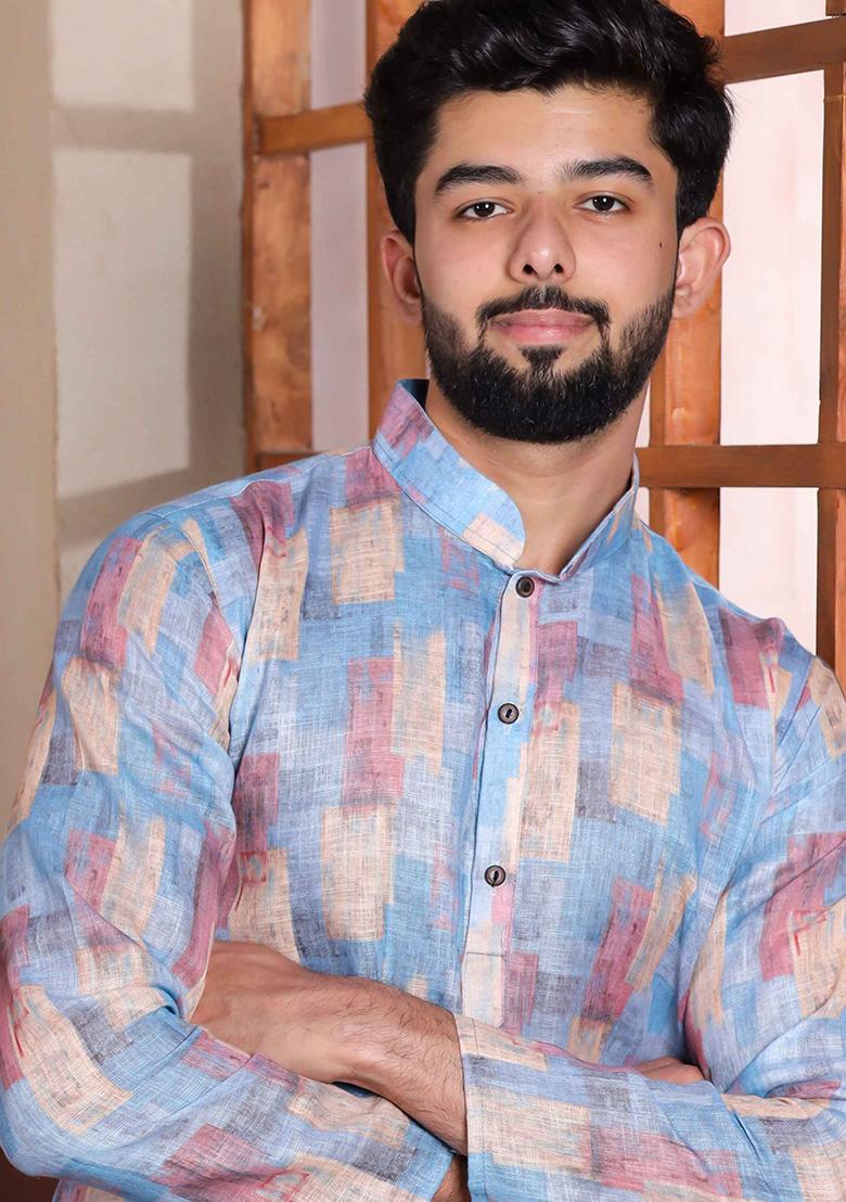 Blue Printed Linen Kurta Set For Men