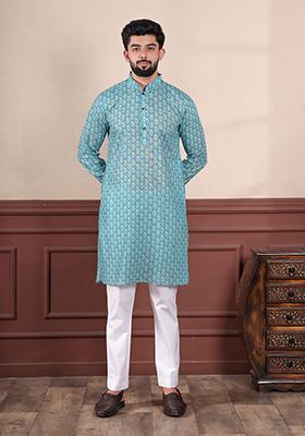 Blue Printed Linen Kurta Set For Men