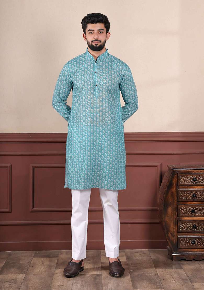 Blue Printed Linen Kurta Set For Men - Indya