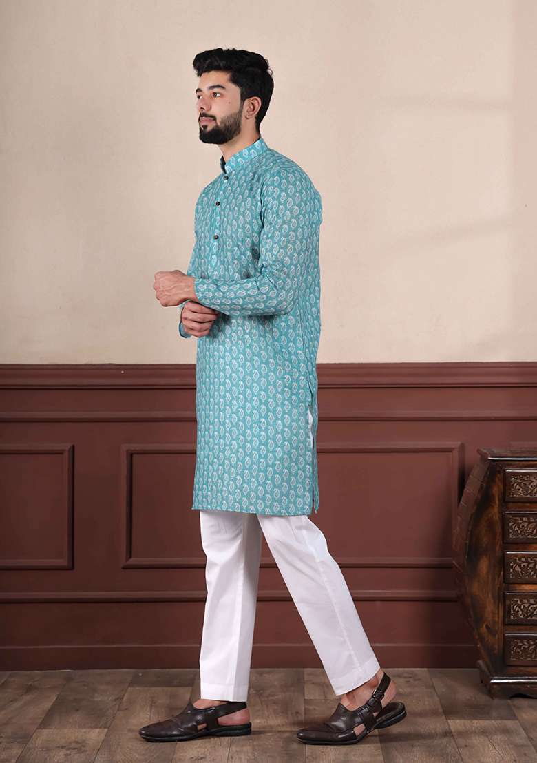Blue Printed Linen Kurta Set For Men - Indya