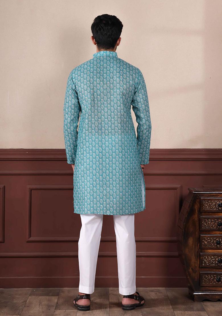 Blue Printed Linen Kurta Set For Men