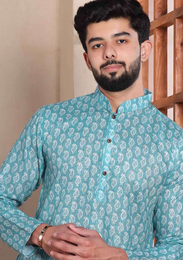 Blue Printed Linen Kurta Set For Men - Indya