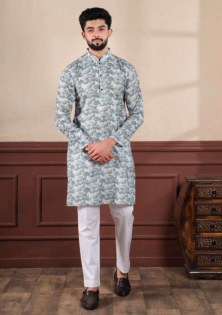 Green Printed Linen Kurta Set For Men - Indya