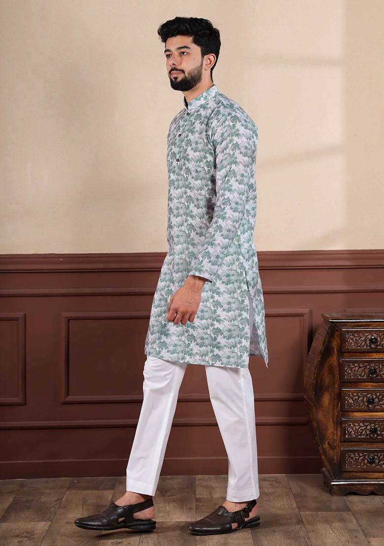 Green Printed Linen Kurta Set For Men