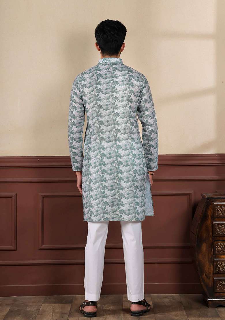 Green Printed Linen Kurta Set For Men - Indya