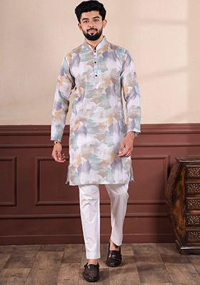 White Printed Linen Kurta Set For Men