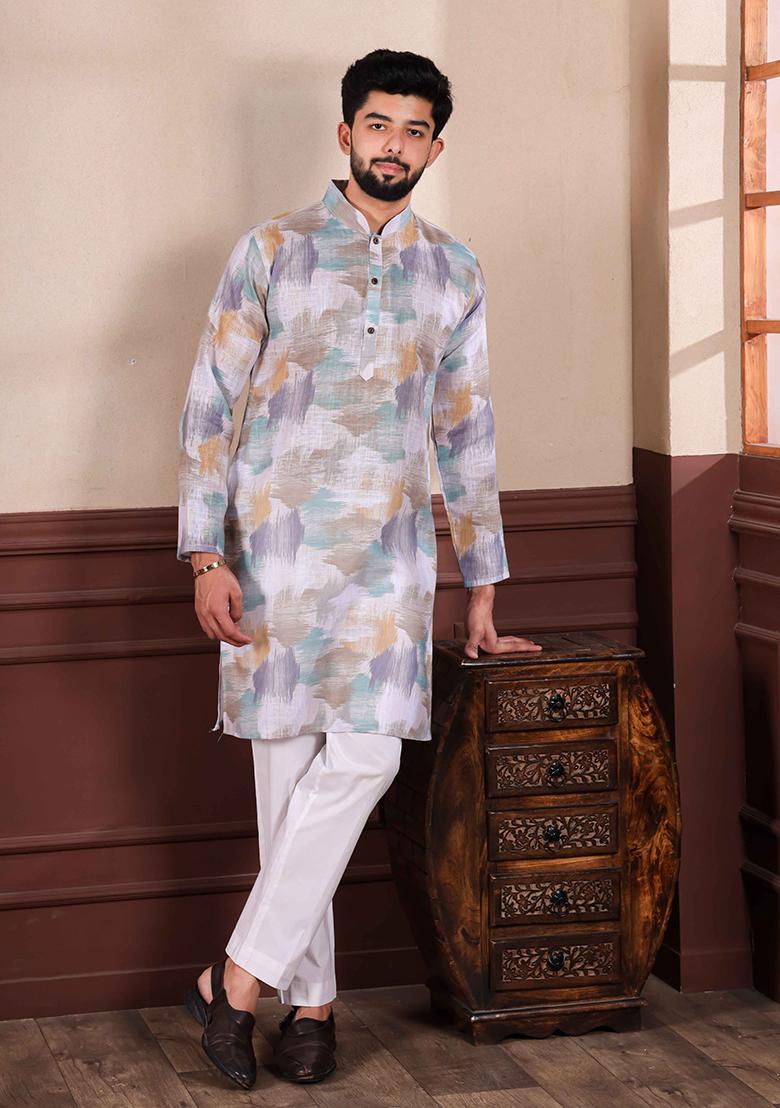White Printed Linen Kurta Set For Men
