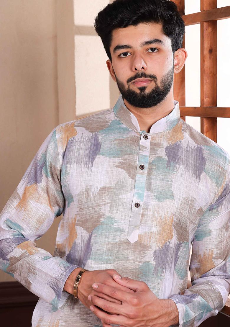 White Printed Linen Kurta Set For Men