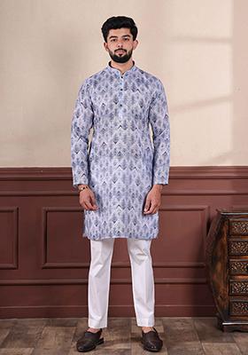 Blue Printed Linen Kurta Set For Men