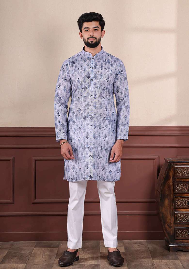Blue Printed Linen Kurta Set For Men - Indya