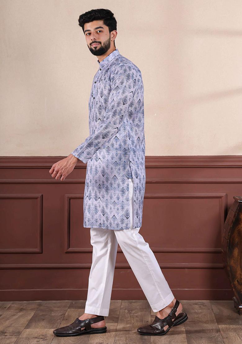 Blue Printed Linen Kurta Set For Men