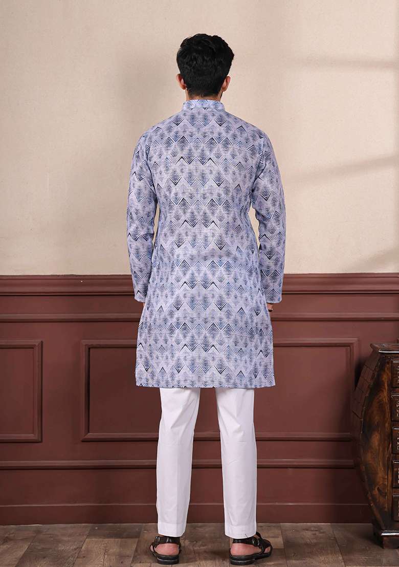 Blue Printed Linen Kurta Set For Men - Indya