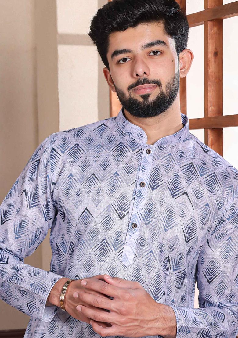 Blue Printed Linen Kurta Set For Men