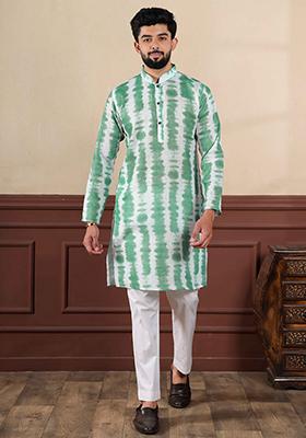 Green Printed Linen Kurta Set For Men