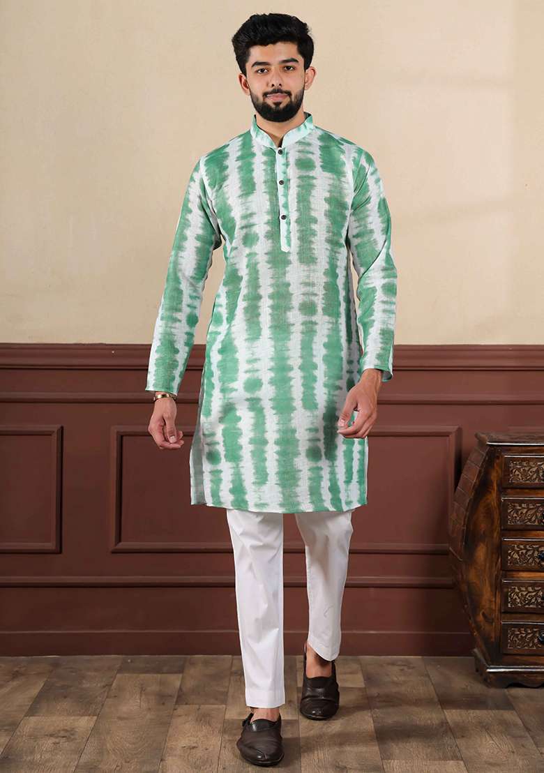 Green Printed Linen Kurta Set For Men - Indya