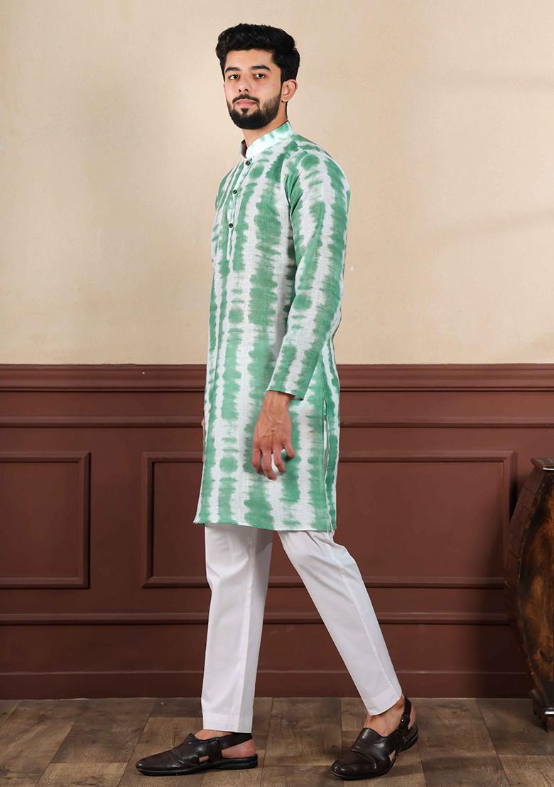 Green Printed Linen Kurta Set For Men