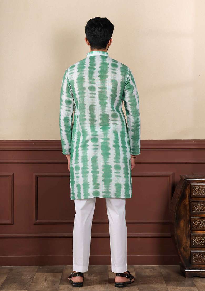 Green Printed Linen Kurta Set For Men - Indya