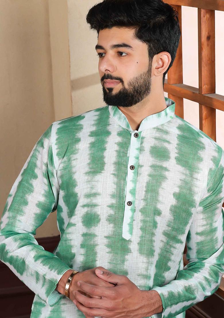 Green Printed Linen Kurta Set For Men