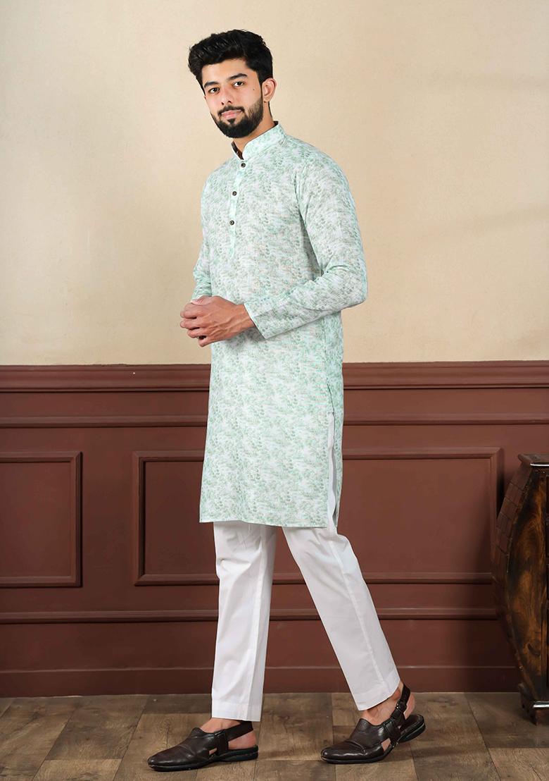 Green Printed Linen Kurta Set For Men