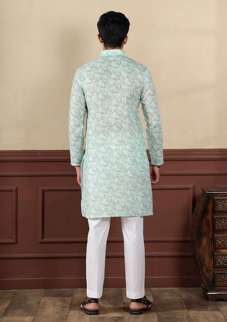 Green Printed Linen Kurta Set For Men - Indya