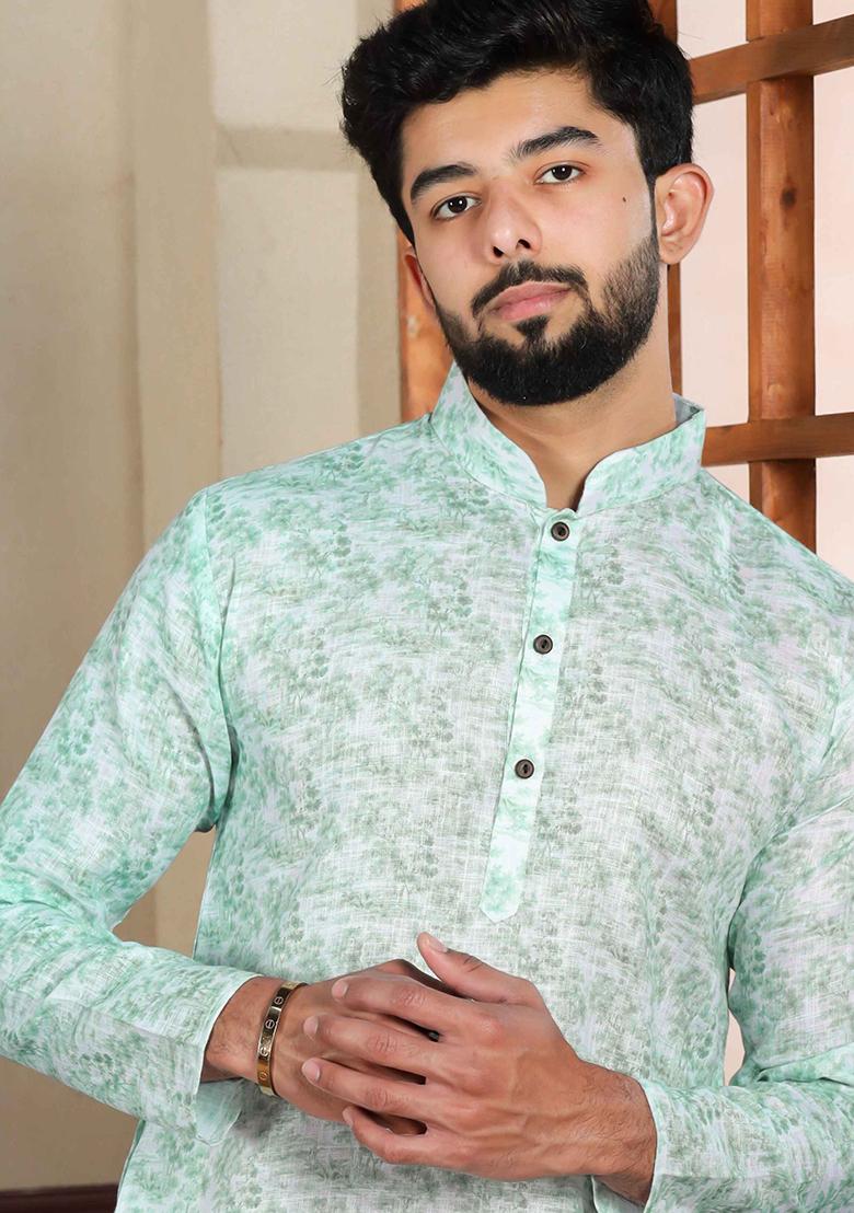 Green Printed Linen Kurta Set For Men