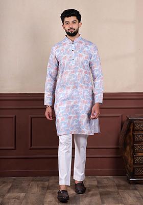 Lavender Printed Linen Kurta Set For Men