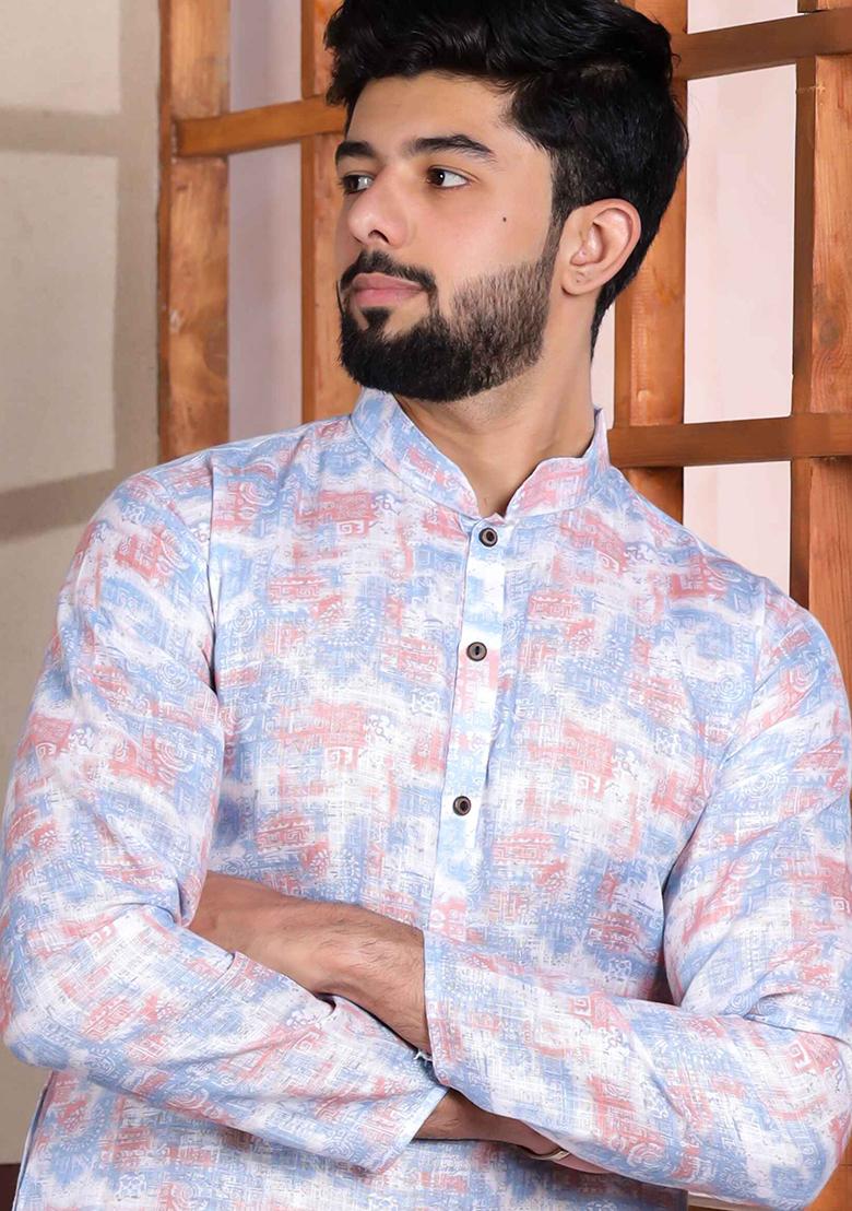Lavender Printed Linen Kurta Set For Men